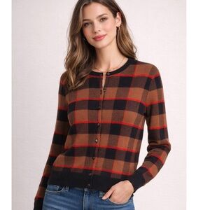 ANN TAYLOR  Brown & Red Buffalo Cardigan Plaid Knit Sweater NWOT